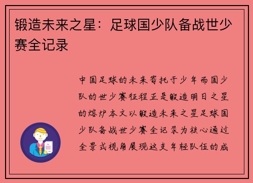 锻造未来之星：足球国少队备战世少赛全记录